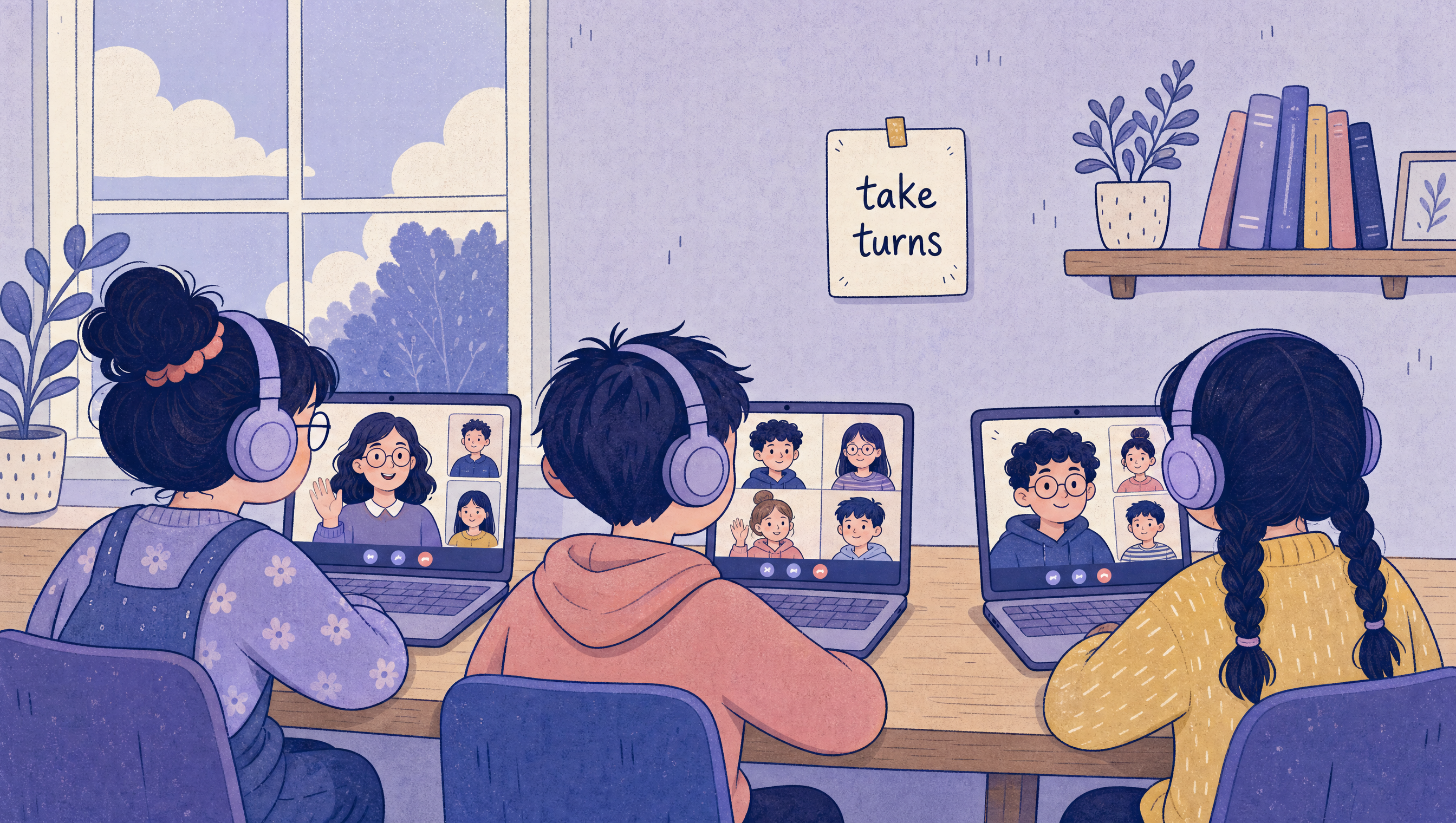 A small group of students in a live online English lesson