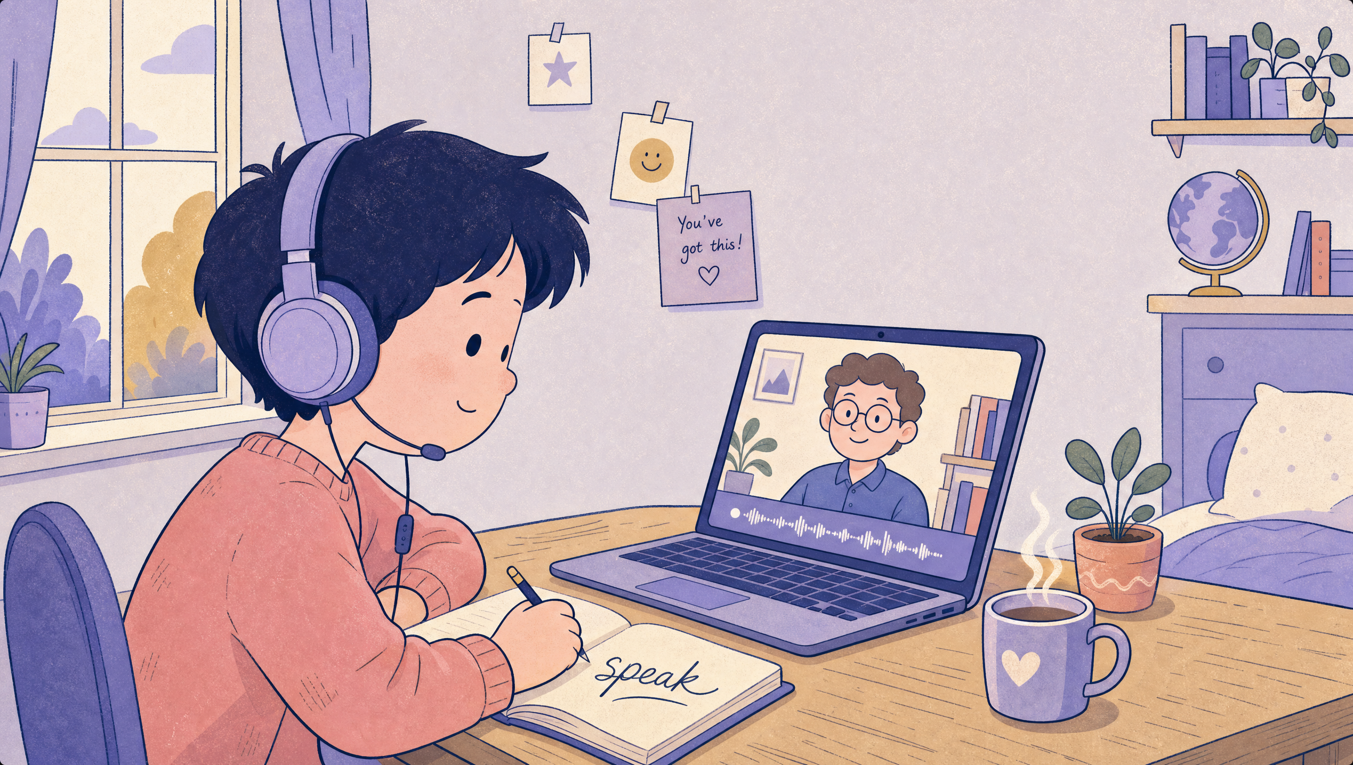 A student in a live English lesson with their teacher